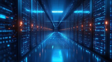Fototapeta premium futuristic data center interior with rows of sleek server racks pulsing with blue light conveying highperformance computing and advanced technology