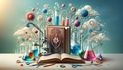 Photo Realistic Book Next to Laboratory Equipment on Whimsical Background for Education Concept with Ample Space for Text or Graphics
