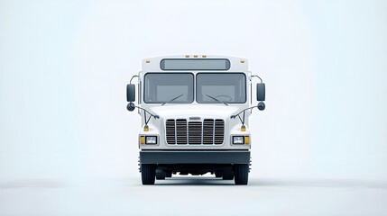 A clear, isolated shot of a white bus from the front, showcasing the full face of the vehicle with its headlights, grille, and large windshield. The bus is centered against a white background.