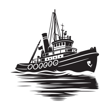 black and white tugboat on water clip art preview