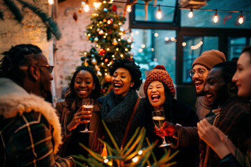 Obraz premium AI generated photo of people celebrating New Year and Christmas in a festive studio; atmosphere with a decorated Christmas tree and holiday winter decoration in the background