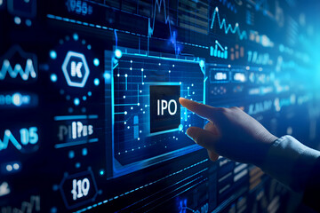 Interactive Touchscreen Tech: Smart Home, Cybersecurity, and Digital Interfaces in Modern Business. Person Pushing 'IPO' on a Touchscreen Interface. HD Landscape Wallpaper for Desktop PC