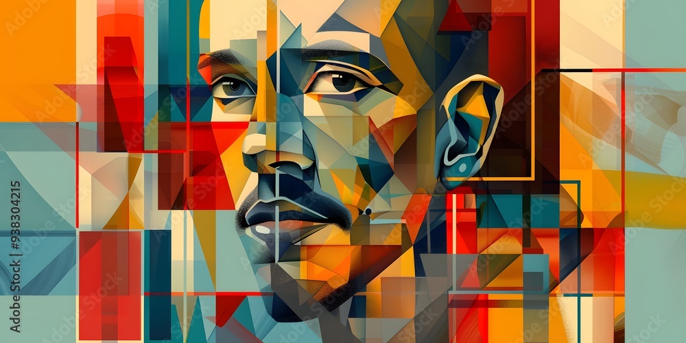 Poster digital abstract portrait of a human face with intricate geometric patterns and vibrant colors