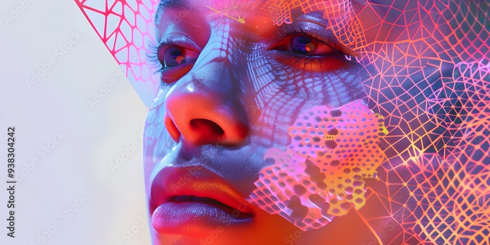 Poster close-up abstract face with a complex network of geometric shapes and vibrant hues