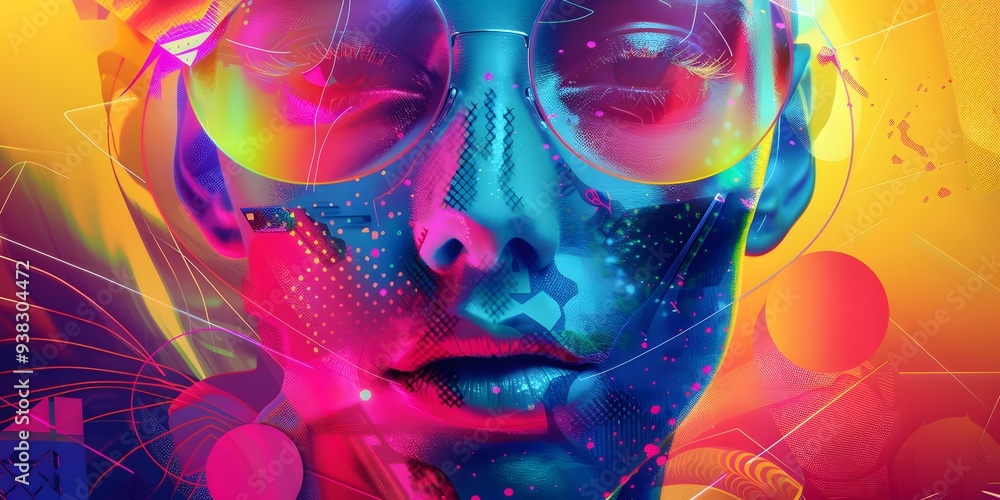 Poster artistic geometric face with a mix of vibrant colors and abstract patterns