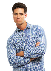 Angry, man and arms crossed with attitude in studio for drama, problem and disgust in conflict. Frustrated, male person and offended expression for gossip, fake news and whatever on white background