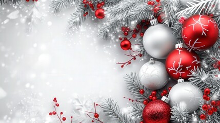 A white background with red and white Christmas ornaments