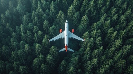 A white airplane is flying through a forest
