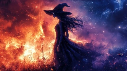A woman in a witch's hat stands in front of a fiery orange and red background