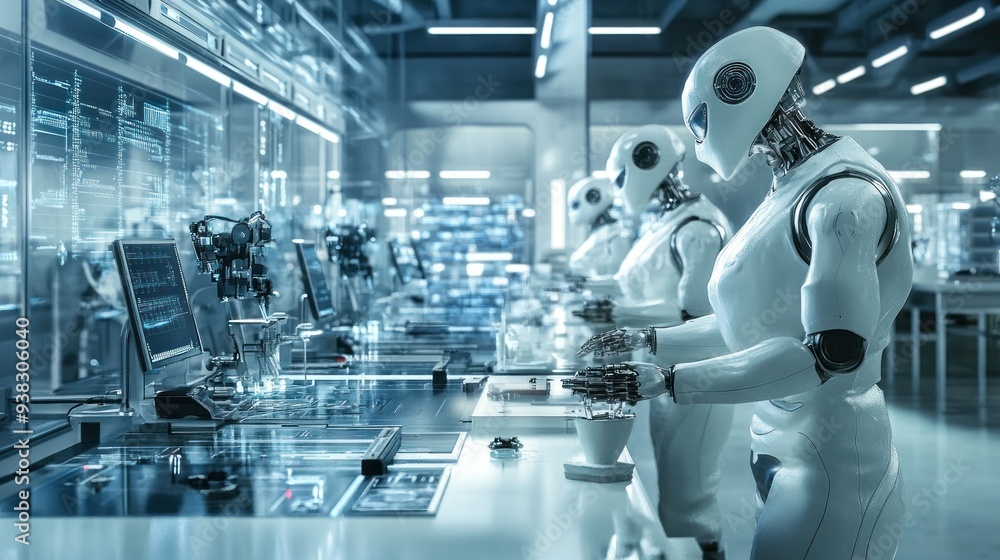 Poster humanoid robots working in a futuristic factory