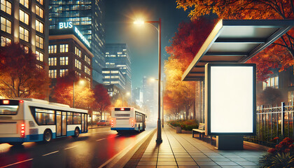 Fototapeta premium Blank White Vertical Digital Billboard Poster at a City Bus Stop at Night