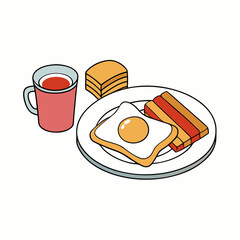 Flat Lay Breakfast Egg, Bacon, Toast & Tea art vector