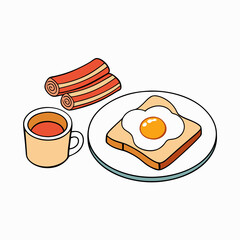 Flat Lay Breakfast Egg, Bacon, Toast & Tea art vector