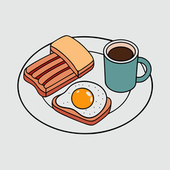 Flat Lay Breakfast Egg, Bacon, Toast & Tea art vector