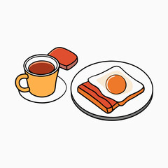 Flat Lay Breakfast Egg, Bacon, Toast & Tea art vector