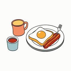 Flat Lay Breakfast Egg, Bacon, Toast & Tea art vector