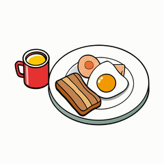 Flat Lay Breakfast Egg, Bacon, Toast & Tea art vector