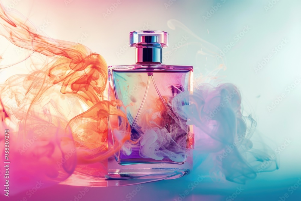 Poster a single perfume bottle sitting on a flat surface, ideal for use in still life photography or as a d