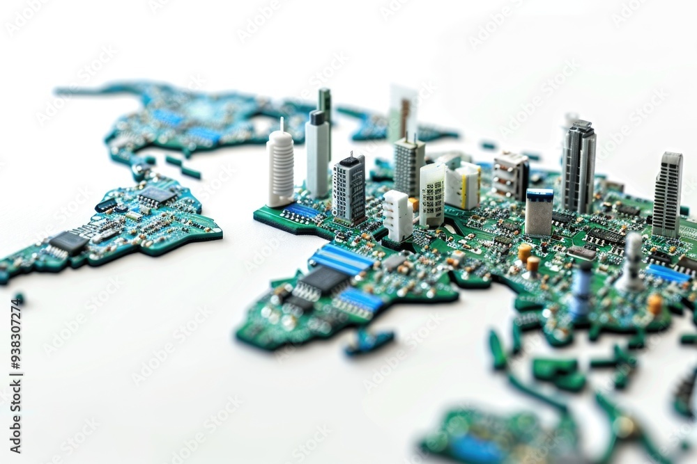 Poster A 3D representation of a map made from electronic components, useful for tech-related illustrations and infographics