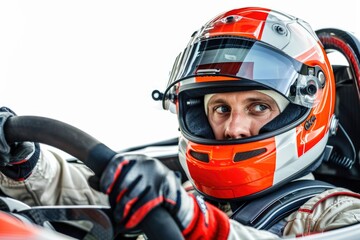A person wearing a racing helmet sitting inside a race car
