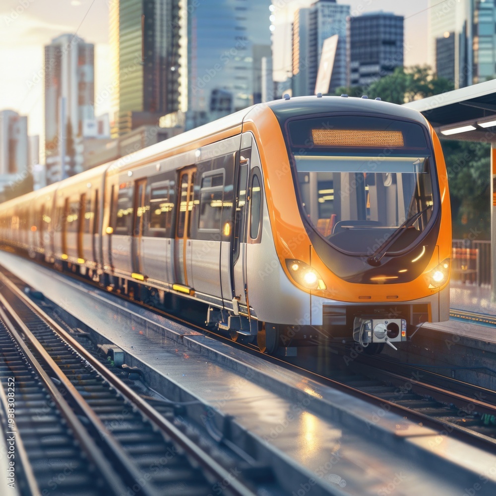Poster a train travels down the tracks with an orange and white color scheme, suitable for use in transport