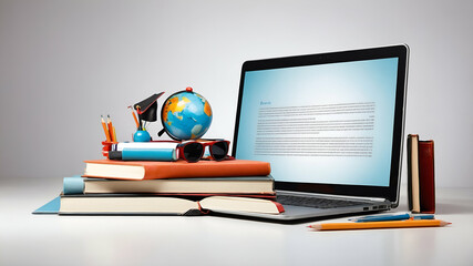 3d Flat icon as Book and Laptop concept as A book next to a laptop set against a whimsical background offering ample space for text or graphics symbolizing the blend of traditional and modern educatio