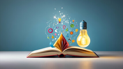3d Flat icon as Book and Lightbulb concept as A book with a lightbulb next to it set against a whimsical background offering ample space for text or graphics symbolizing the spark of ideas and innovat
