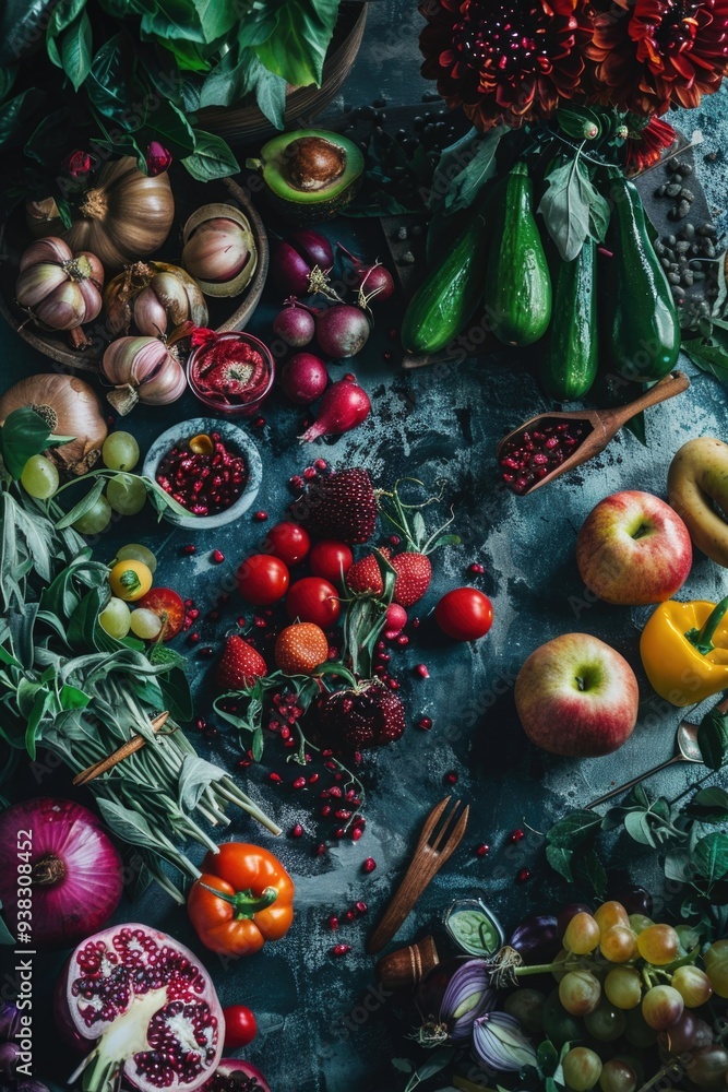 Poster a colorful arrangement of fruits and vegetables on a table