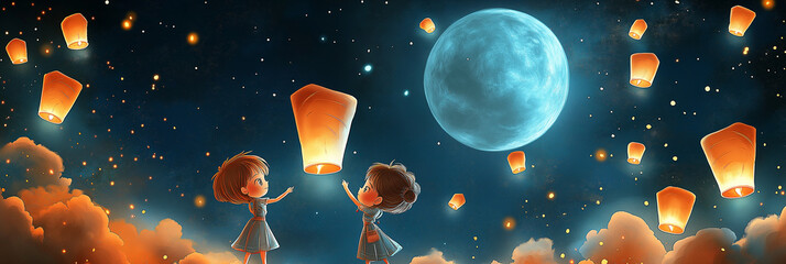 Mid autumn festival background with children joyfully releasing lanterns into the night sky
