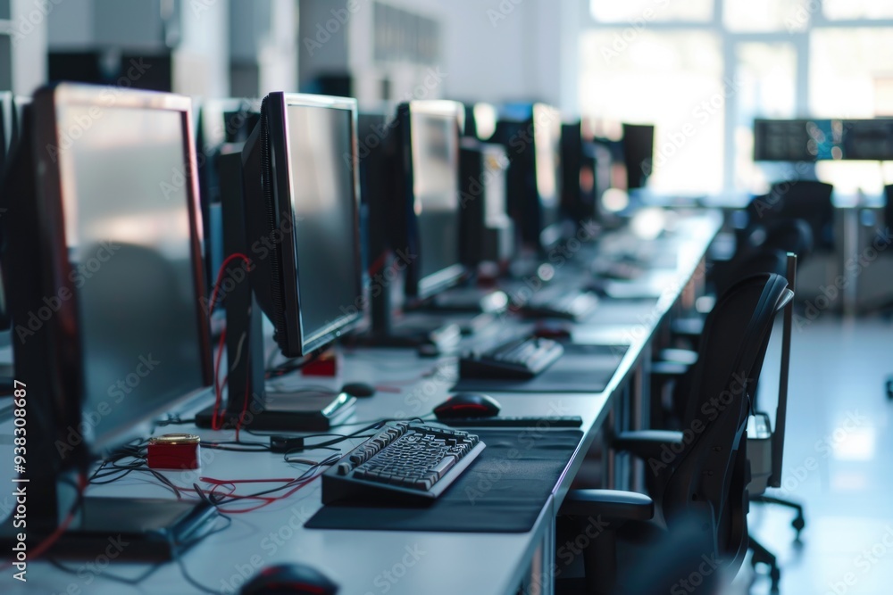 Aufkleber a row of computer monitors sitting on a desk, useful for office or home use