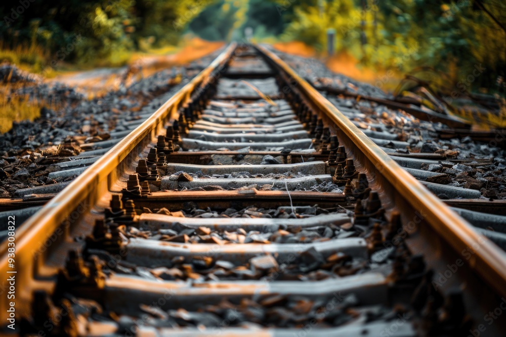 Poster a close-up view of a train track surrounded by trees, ideal for use in travel or adventure scenes