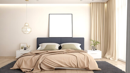 The bed features a tall, tufted headboard in a neutral tone, adding a touch of sophistication and comfort