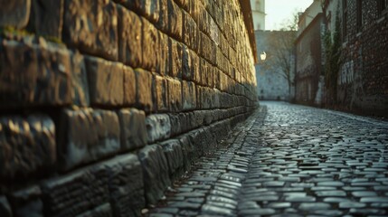 Cobblestone street in an old European city with historic buildings and architecture