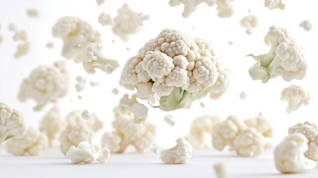 A fresh cauliflower floret falls towards others on a white surface with a light airy background.