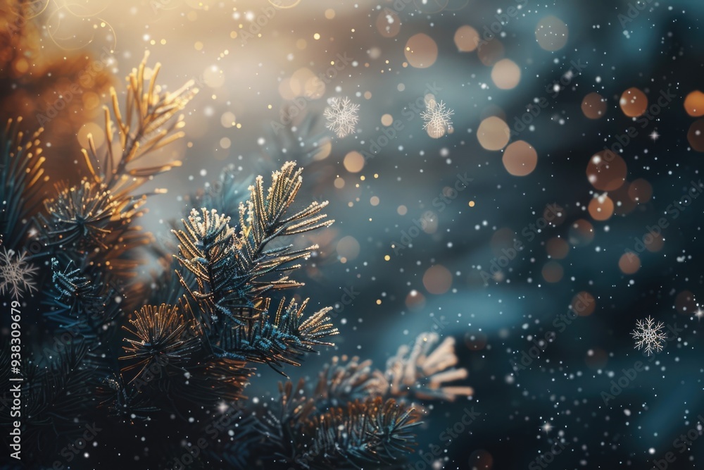 Poster a close-up view of a pine tree covered in snowflakes, perfect for winter-themed projects