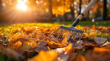 Person Raking Colorful Fallen Leaves in a Sunny Backyard