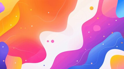 A vibrant abstract composition with flowing waves and dots in orange, pink, purple, and blue hues.