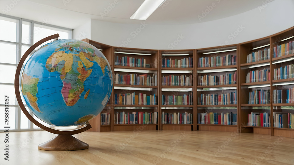 Poster 3d flat icon as school library and globe concept as a whimsical school library with a globe set agai