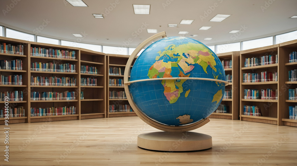 Poster 3d flat icon as school library and globe concept as a whimsical school library with a globe set agai