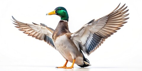 Obraz premium Mallard duck standing on one leg with outspread wings isolated on a white background, nature, waterfowl, plumage, colorful, outdoor, clipping path, one leg, close-up, animal, beak, stand