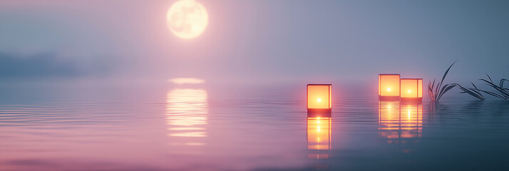 Beautiful pink sunset landscape of mid autumn festival