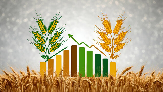 3d Flat icon as Wheat Price Increase and Decrease concept as A view illustrating the increase and decrease of wheat prices set against a whimsical background offering ample space for text or graphics 