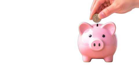 Hand placing a coin into a pink piggy bank, isolated on a white background with a transparent background. Concept: saving money, financial planning. Ideal for finance, banking, and budgeting campaigns