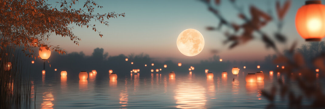 Serene night scene with a lantern on the sea and full moon, mid autumn festival background, wide background

