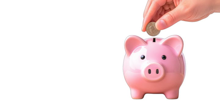 Hand placing a coin into a pink piggy bank, isolated on a white background with a transparent background. Concept: saving money, financial planning. Ideal for finance, banking, and budgeting campaigns