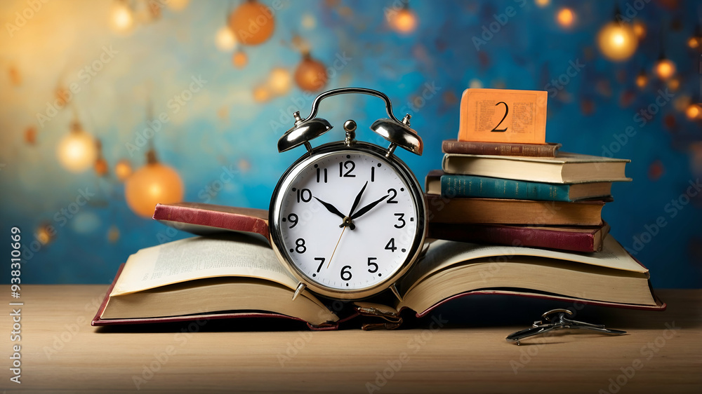 Poster photo realistic as book and clock concept as a book with a clock next to it set against a whimsical 