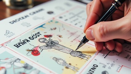 Close-up of hand sketching a storyboard for a commercial video project