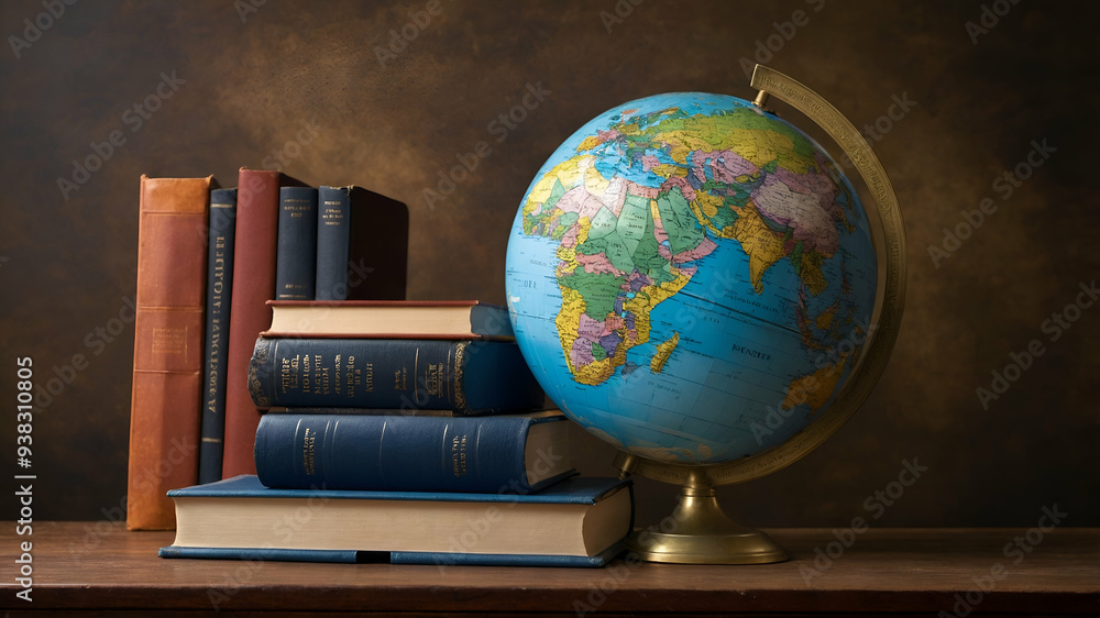 Poster photo realistic as book and globe concept as a book next to a globe set against a dreamy background 