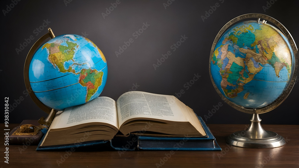 Poster photo realistic as book and globe concept as a book next to a globe set against a dreamy background 