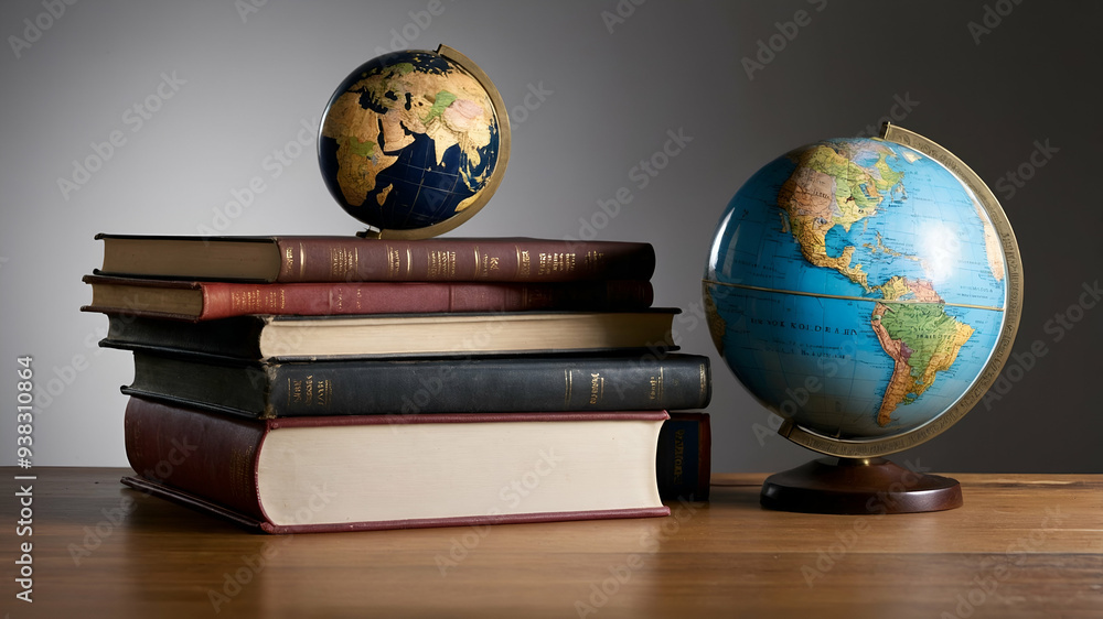 Poster photo realistic as book and globe concept as a book next to a globe set against a dreamy background 